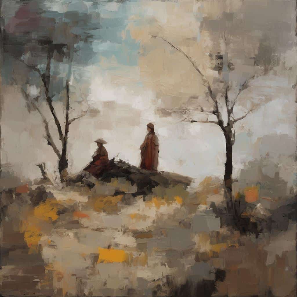 Παραδοσιακός πίνακας με δύο γυναίκες σε φυσικό τοπίο, σεμνή και ρομαντική εποχή, σε γήινες αποχρώσεις, που αναδεικνύει την τέχνη του 20ού αιώνα και τους καλλιτέχνες του.