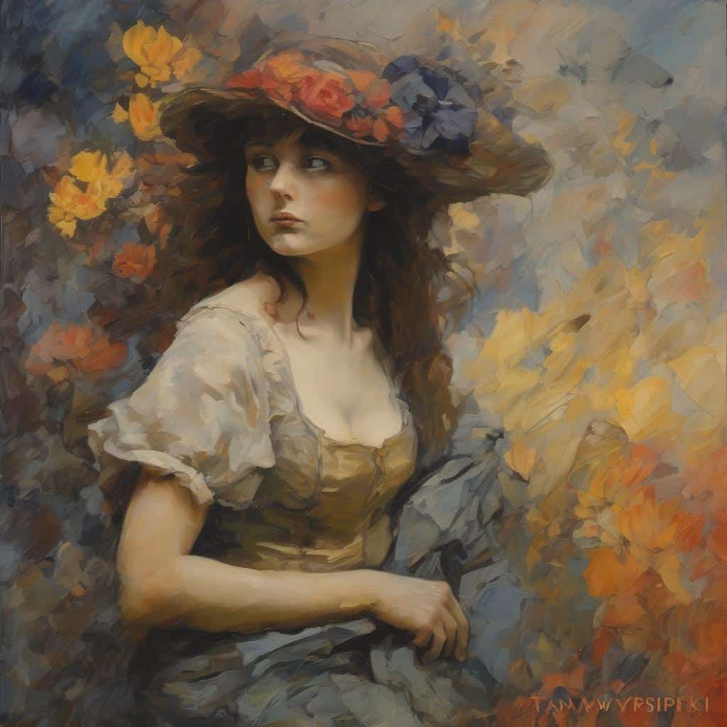 Γυναικεία πορτρέτο με καπέλο και λουλούδια, έργο σύγχρονου καλλιτέχνη που αντανακλά το 20ό αιώνα και την τέχνη του.