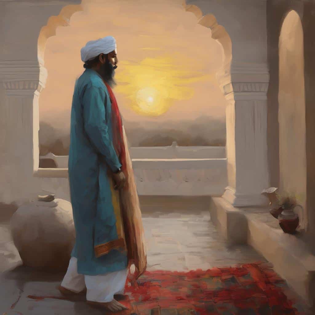 Νηφάλιος άνδρας σε παραδοσιακή ινδουιστική ενδυμασία, κοιτάζοντας το ηλιοβασίλεμα από μια αρχαία βεράντα, σε μια καλλιτεχνική απεικόνιση 20ού αιώνα, με έμφαση στην Ινδική τέχνη και πολιτισμό.