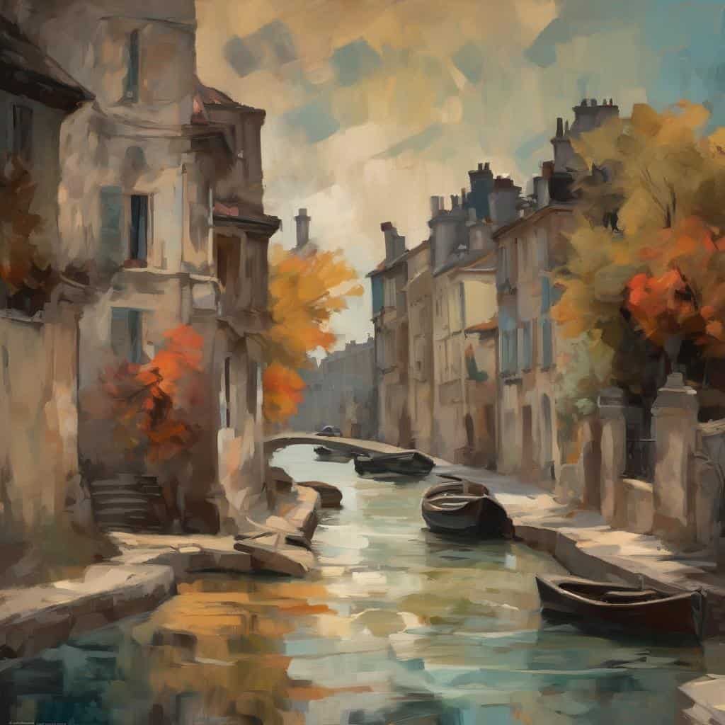 Γκράφιτι με καλλιτέχνες του 20ού αιώνα και τα έργα τους σε μια γοητευτική πόλη με κανάλια και παλιά κτίρια.