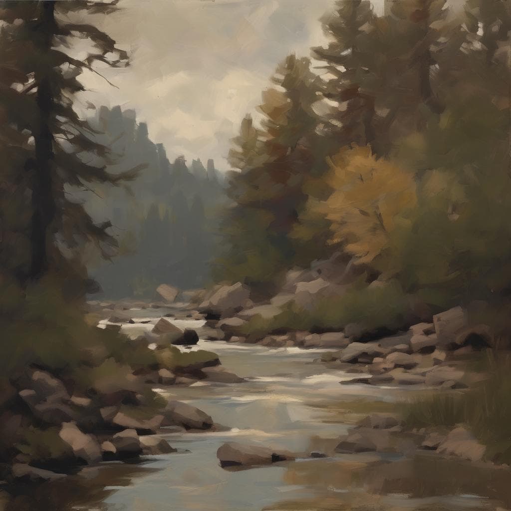 Παραδοσιακό έργο τέχνης του 20ού αιώνα με θέμα τοπίο ποταμού, εμπνευσμένο από τους καλλιτέχνες του 20ού αιώνα και τα έργα τους.