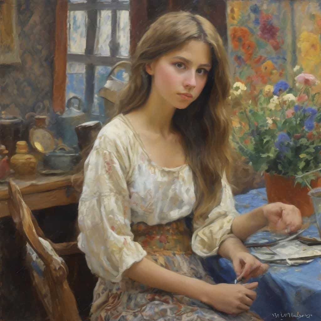 Πίνακας με νέα, νεαρή καλλιτέχνιδα στο στούντιο, ανθοσυνθέσεις και καλλιτεχνικά αξεσουάρ, ζωγραφική 20ού αιώνα, σύγχρονη τέχνη, έργα νεορομαντισμού, ελαιογραφίες, πορτρέτο νεαρού κοριτσιού.